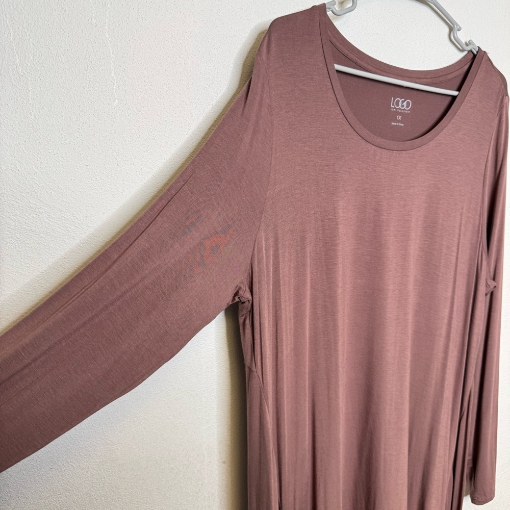 LOGO Lori Goldstein Purple Toned Brown Stretch Lace Tunic 3/4 Sleeve Shirt 1X - Picture 5 of 12